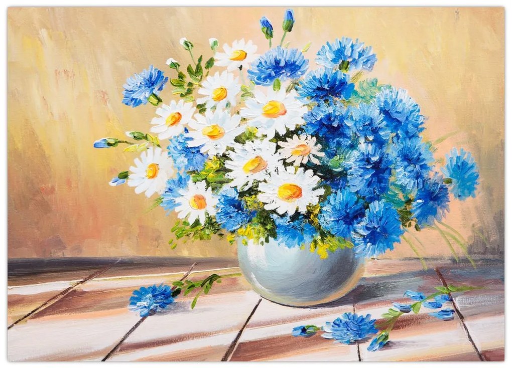 Tablou pe sticlă pictat cu vaza și flori (70x50 cm)