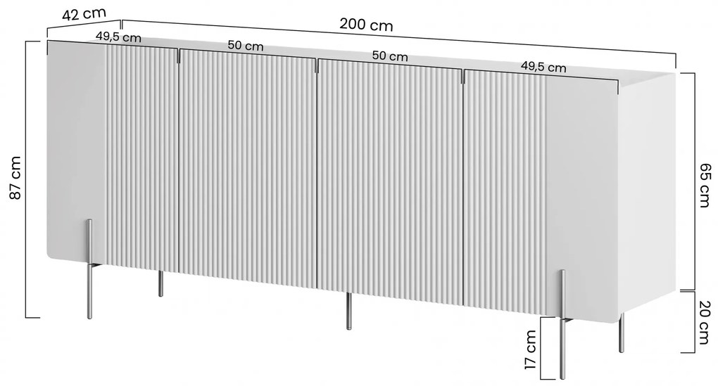 Comodă cu patru uși Malmi 200 cm - negru mat / picioare negre