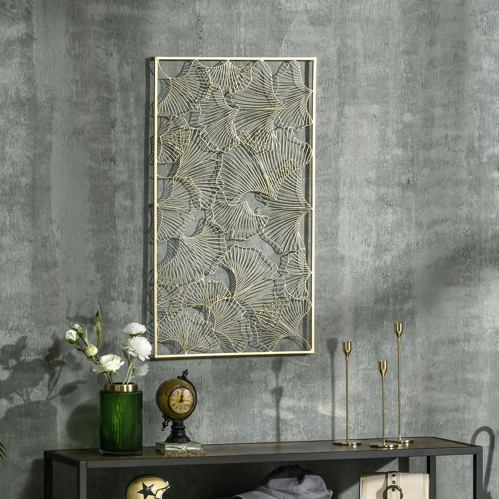 HOMCOM Decor de perete metalic 3D, decoratiune de perete aurie cu cadru dreptunghiular si frunze de ginkgo, 50 x 85 cm | AOSOM RO