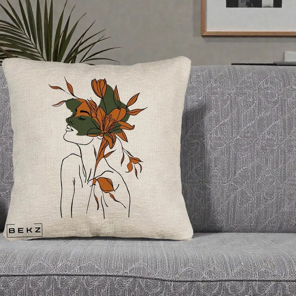 Perna Decorativa Portret Feminin Crin Auriu, 40x40 cm, Bej Canapea, Husa Detasabila, Perna Inclusa, BEKZ®