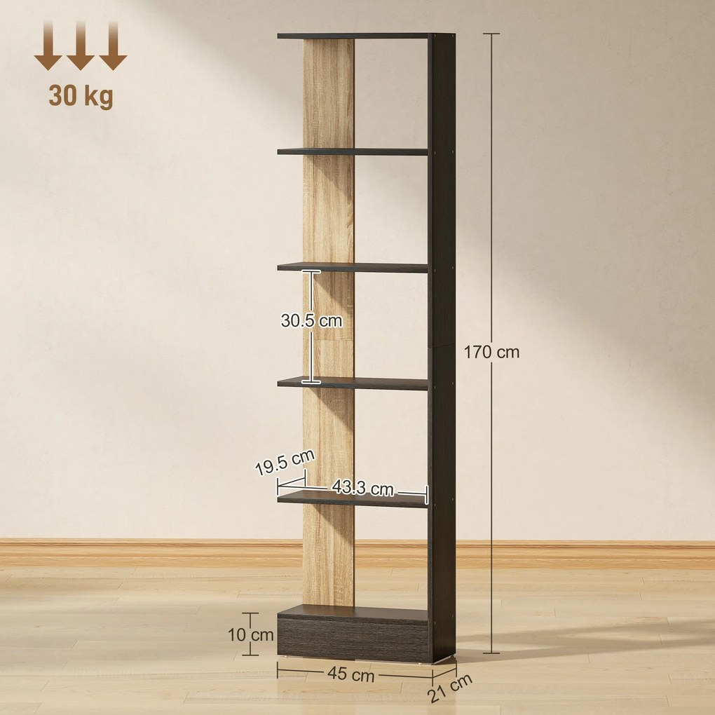 HOMCOM Bibliotecă Modernă cu 5 Rafturi din Lemn, 45 x 21 x 170 cm, Negru, Stejar | Aosom Romania
