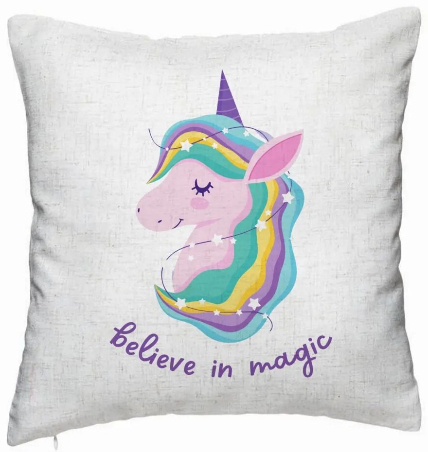 Perna Decorativa, Model Unicorns Believe in Magic, 40x40 cm, Alb Murdar, Husa Detasabila, Burduf