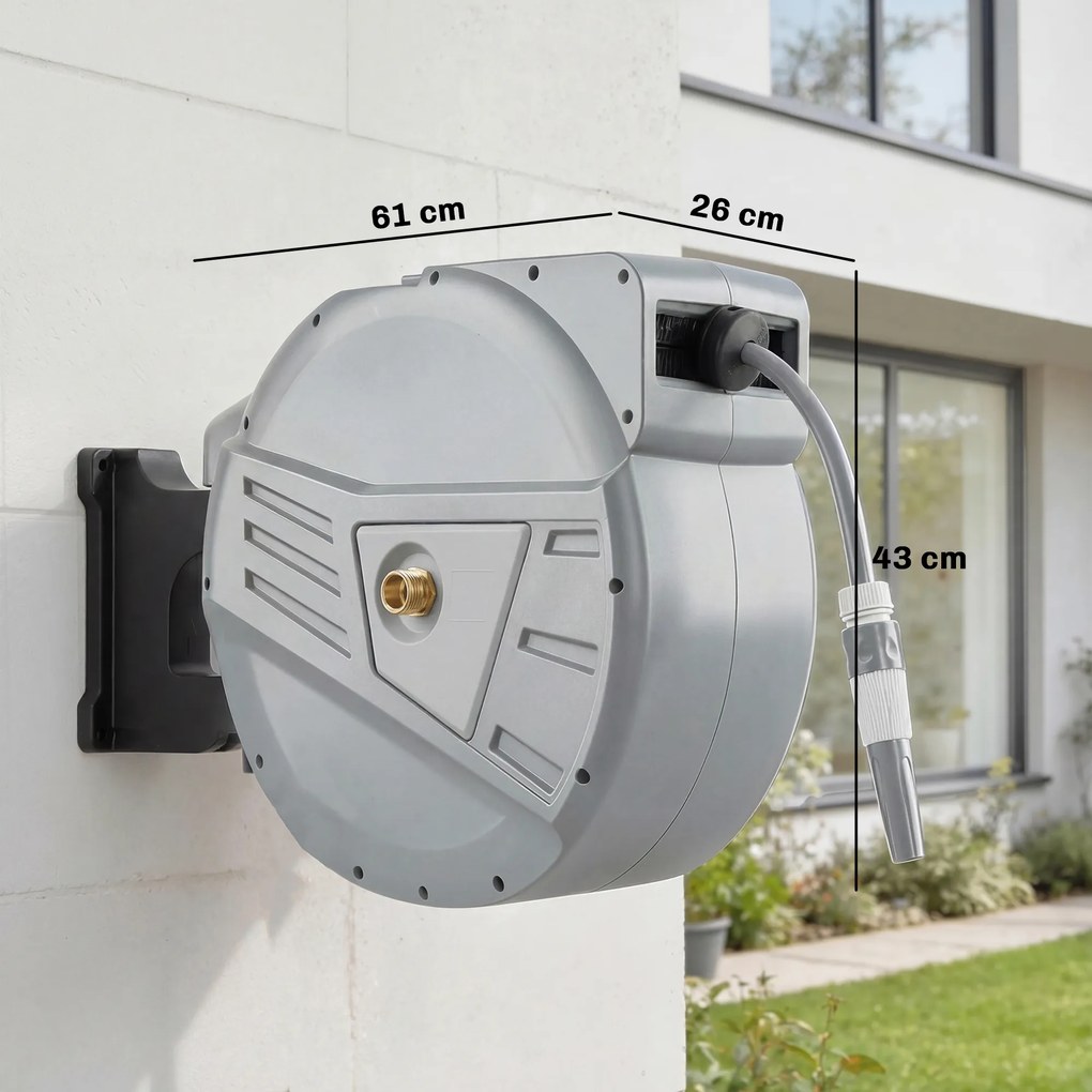 Outsunny Tambur furtun de perete 40+2 m x Ø 15mm, tambur pentru furtun de apă retractabil automat pivotant la 180°, Gri | Aosom Romania