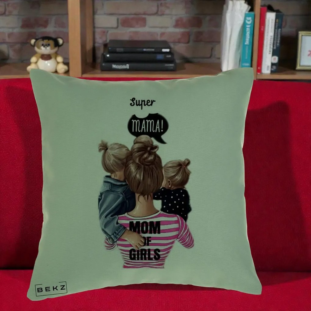 Cadou pentru Mama - Perna Personalizata Super Mama Mom of Girls, 40x40 cm, Verde, Husa Detasabila, Perna Inclusa, BEKZ®