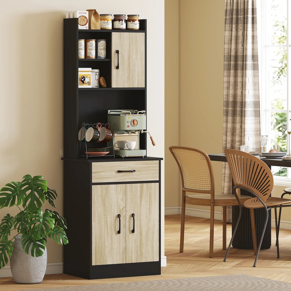 HOMCOM Dulap de Bucătărie, Mobilier cu Orificiu pentru Cabluri și Suprafață pentru Microunde, Dulap de Bucătărie cu Sertar, 3 Rafturi Deschise și Dulapuri, pentru Sufragerie, Living, Negru și Lemn | Aosom Romania