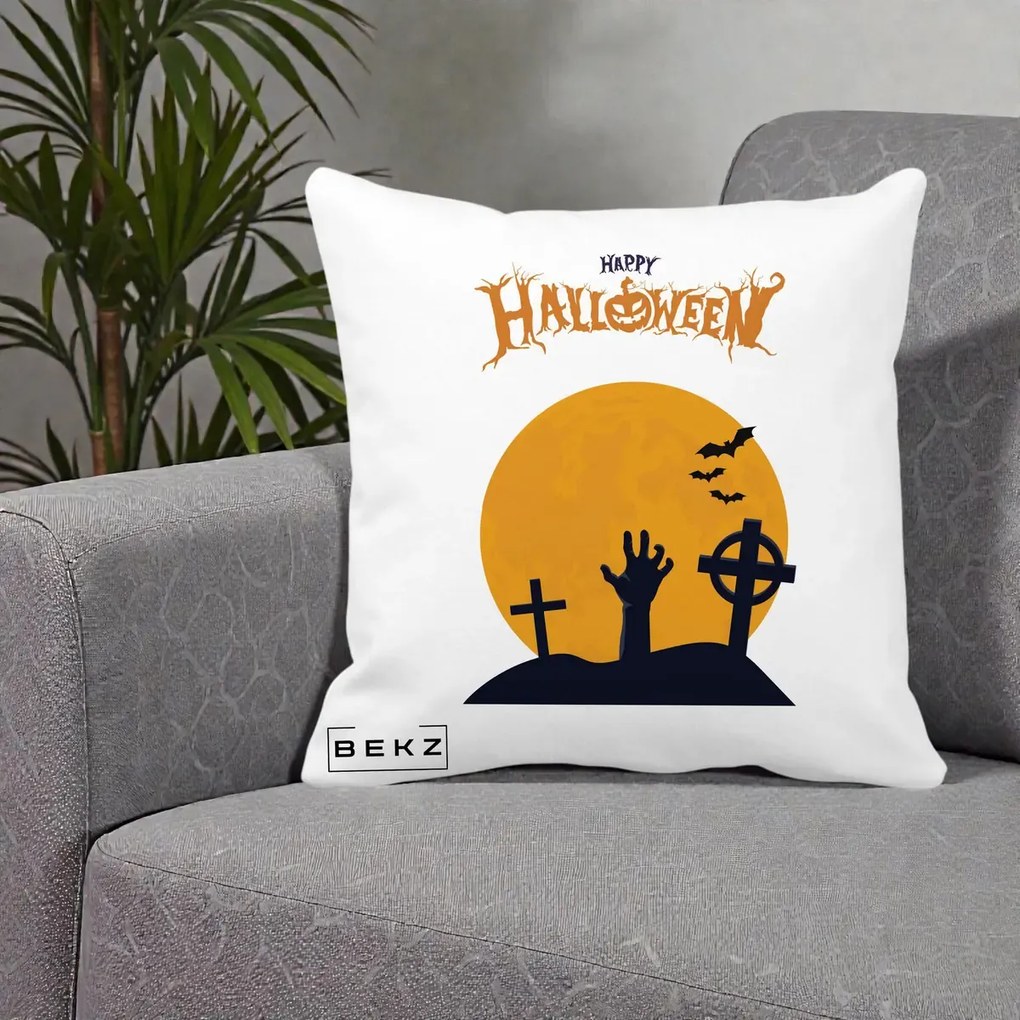 Perna Decorativa Happy Halloween Cimitir cu Luna, 40x40 cm, Alba Mata, Husa Detasabila, Perna Inclusa, BEKZ®