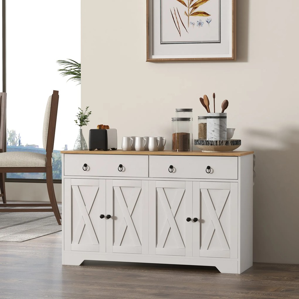 HOMCOM Bufet mobilier de depozitare dulap de bucătărie stil rustic 2 sertare și 2 dulapuri rafturi la înălțimi reglabile alb | Aosom Romania