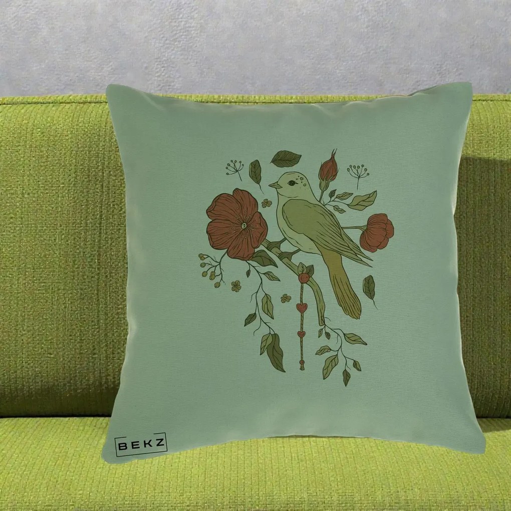 Perna Decorativa Pasare pe Ramura cu Maci, 40x40 cm, Verde, Husa Detasabila, Perna Inclusa, BEKZ®