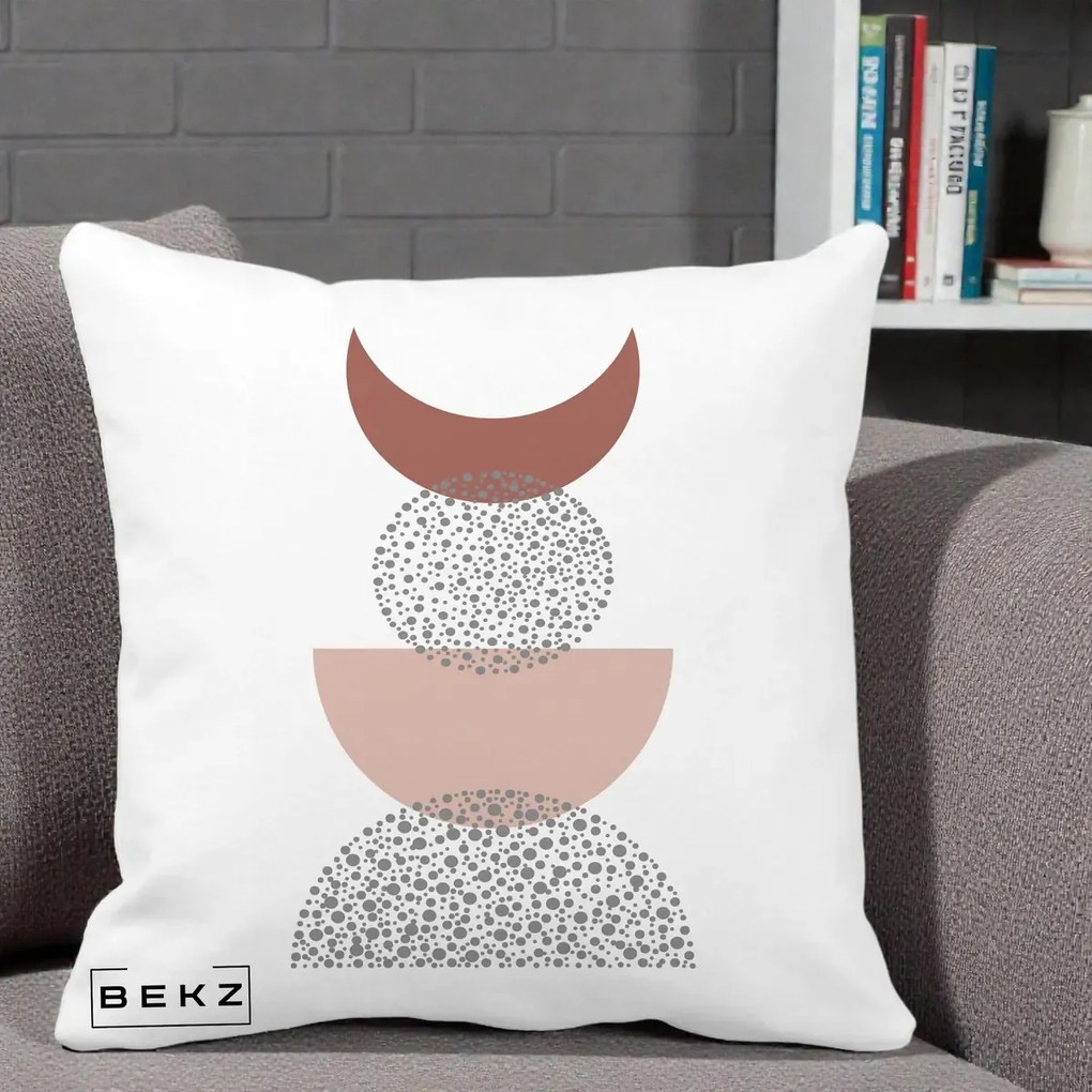Perna Decorativa Boho Luna Plina si Forme Punctate, 40x40 cm, Alba Mata, Husa Detasabila, Perna Inclusa, BEKZ®