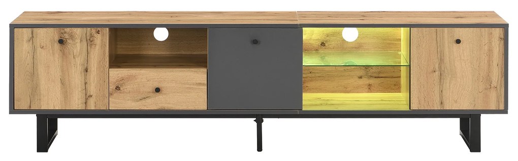 Mobilierul TV Jos pentru Living cu Efecte Luminoase LED, Rafturi din Sticlă și Balamale Amortizate, 190x40x50 cm, Natural