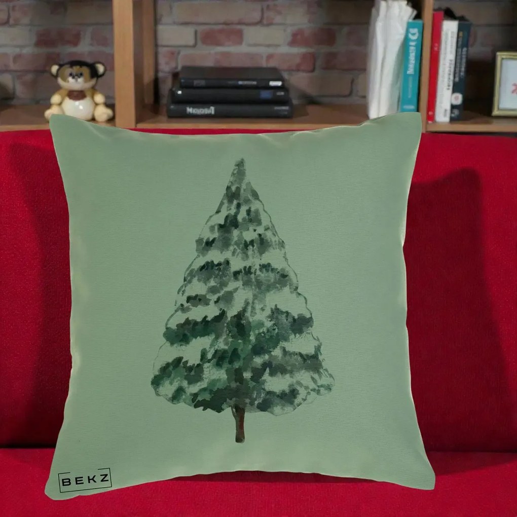 Perna Decorativa cu tematica de Craciun, Brad 2, 40x40 cm, Verde, Husa Detasabila, Perna Inclusa, BEKZ®
