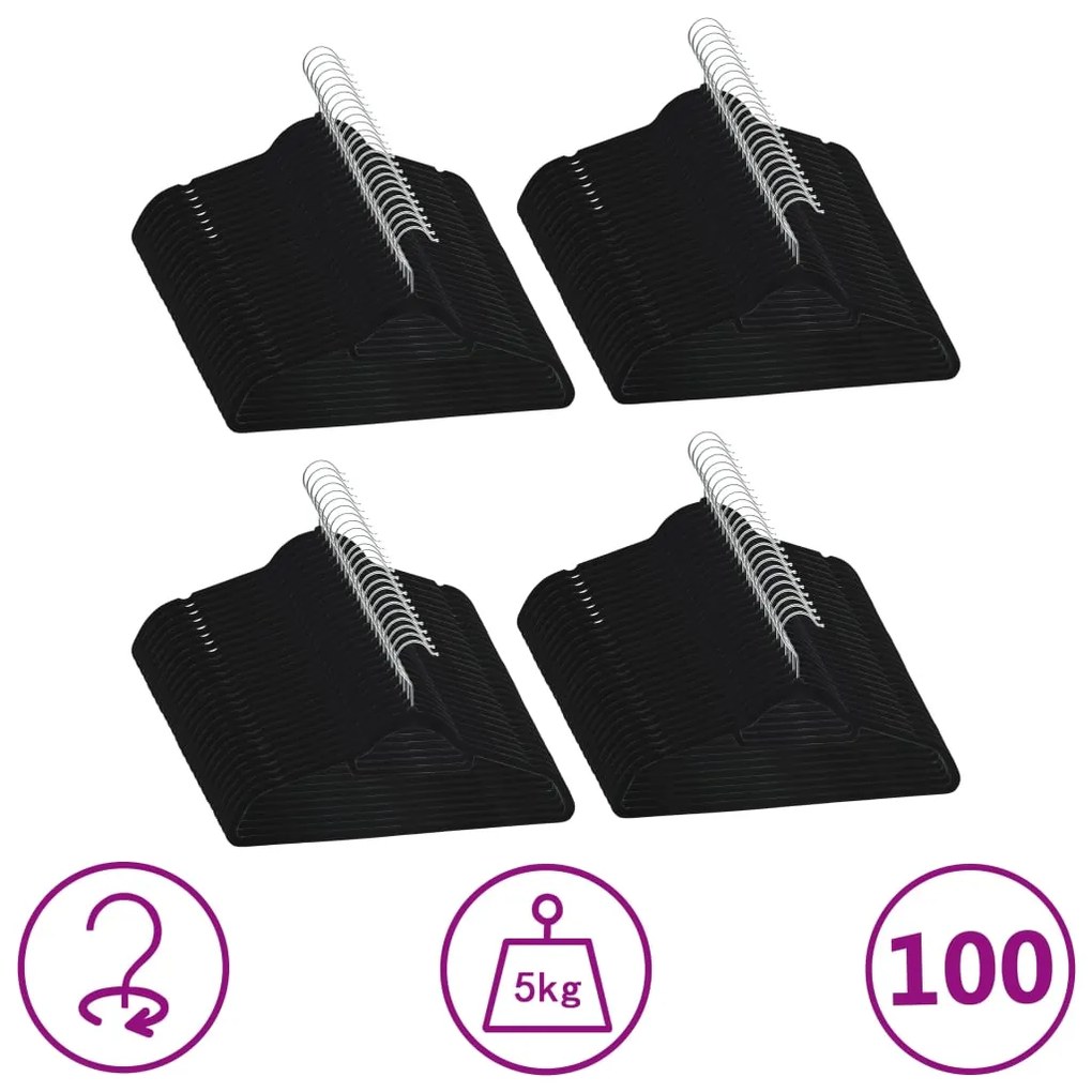 289922 vidaXL Set de umerașe anti-alunecare, 100 buc., negru, catifea