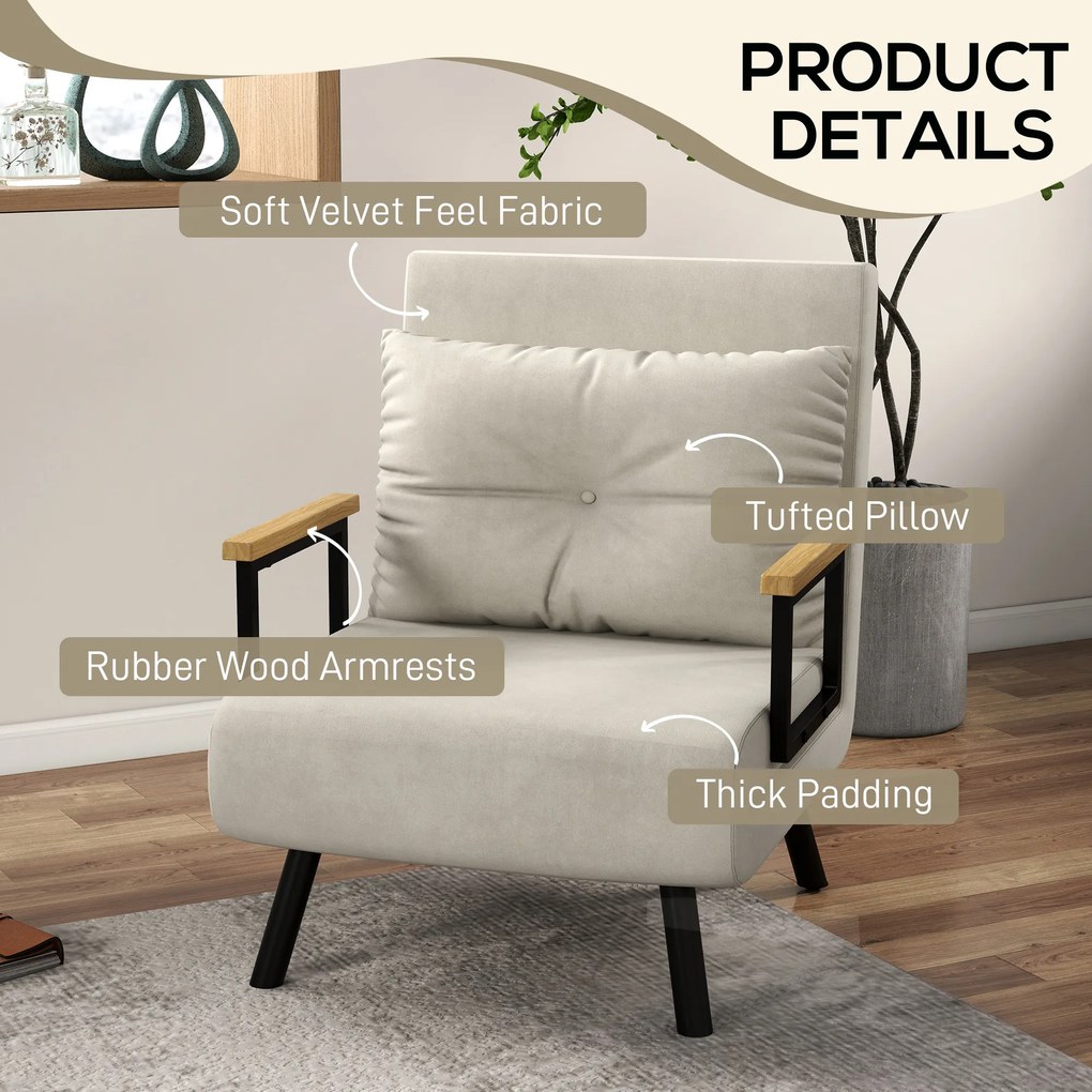 HOMCOM Canapele Extensibile Individuală Alb Crem 63x73x81 cm cu Pernă Extensibilă pe 5 Nivele | Aosom Romania