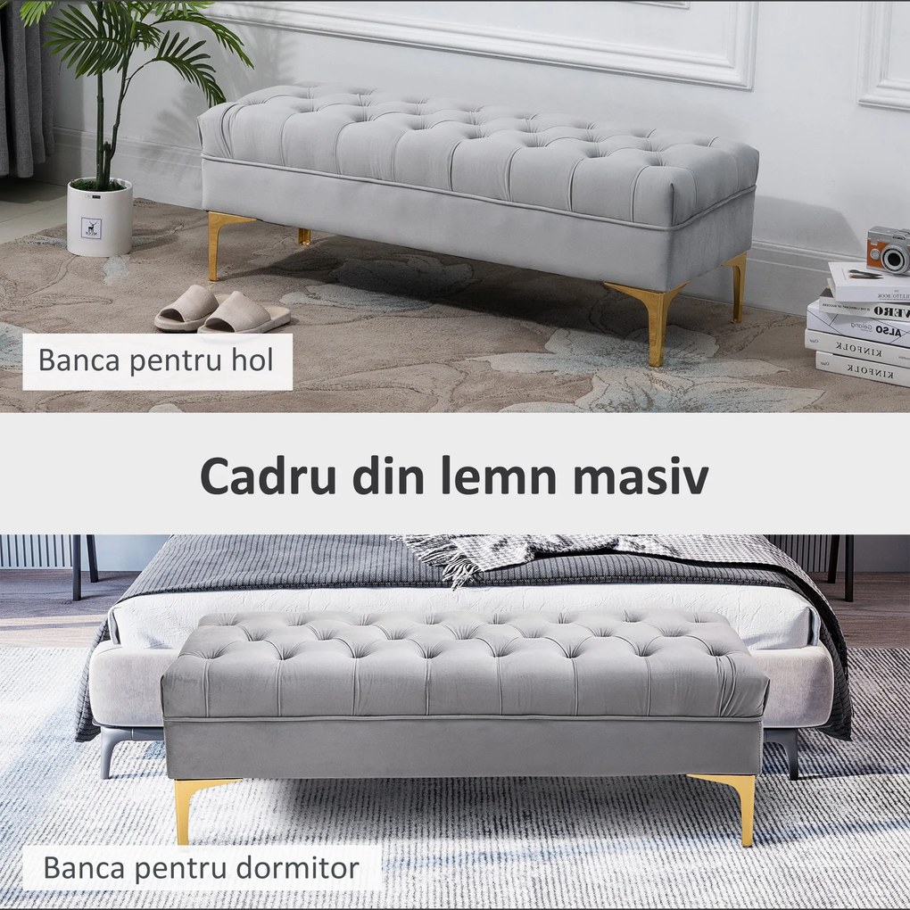 HOMCOM Banca Hol din Tesatura Catifelata, Picioruse Metalice, Banca Capitonata la capatul Patului Gri, 118x45x42cm | Aosom Romania