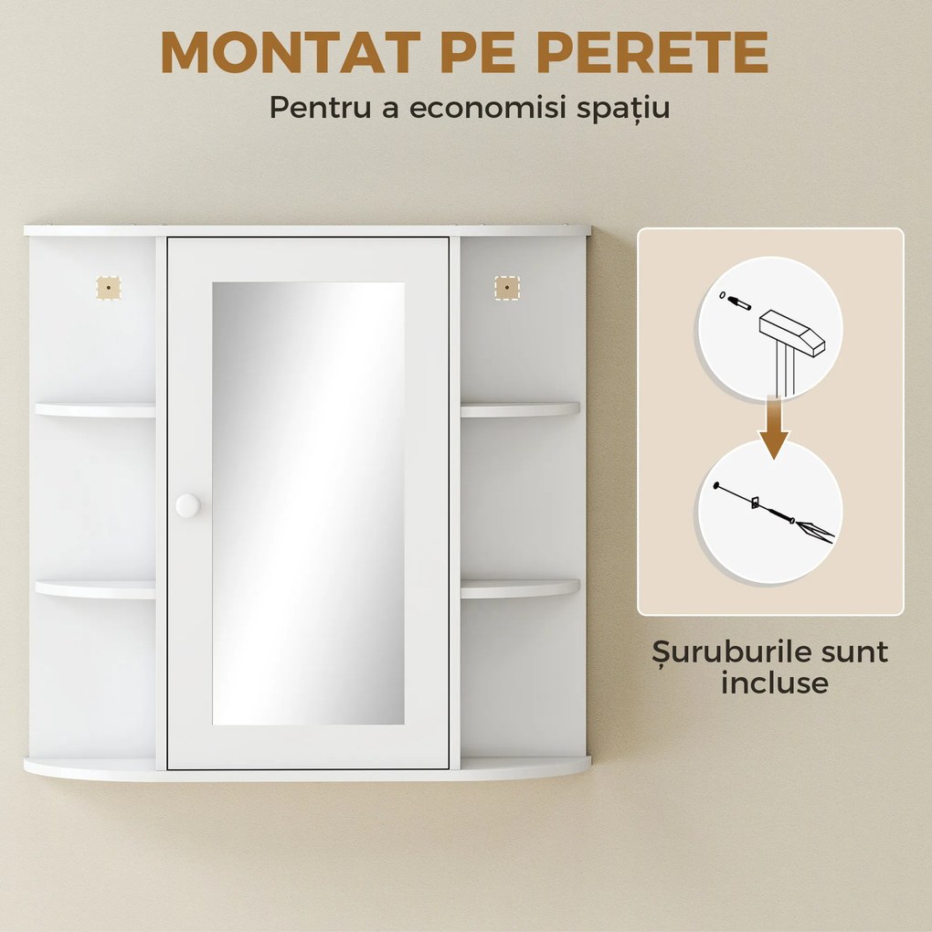 HOMCOM Dulap de Perete pentru Baie, Dulap de Baie cu Oglindă, Ușă Centrală și Rafturi din Lemn, 66x17x63 cm, Alb | Aosom Romania