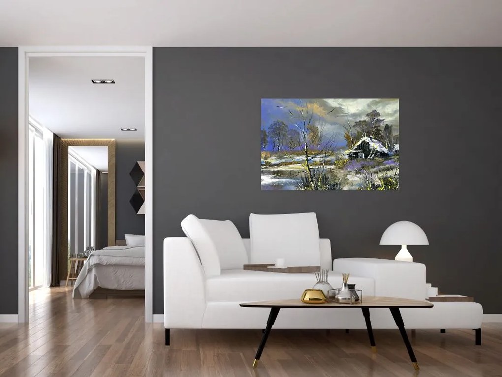 Tablou -Cabane într-un peisaj de iarnă, pictură în ulei (90x60 cm)