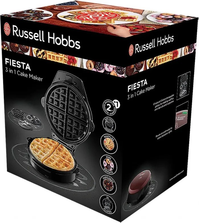 La mâna a doua: Aparat gogosi si vafe 3in1 Russell Hobbs Fiesta 24620-56, 900w, Placi antiadere, Capac cu autoblocare, Bordo/Negru