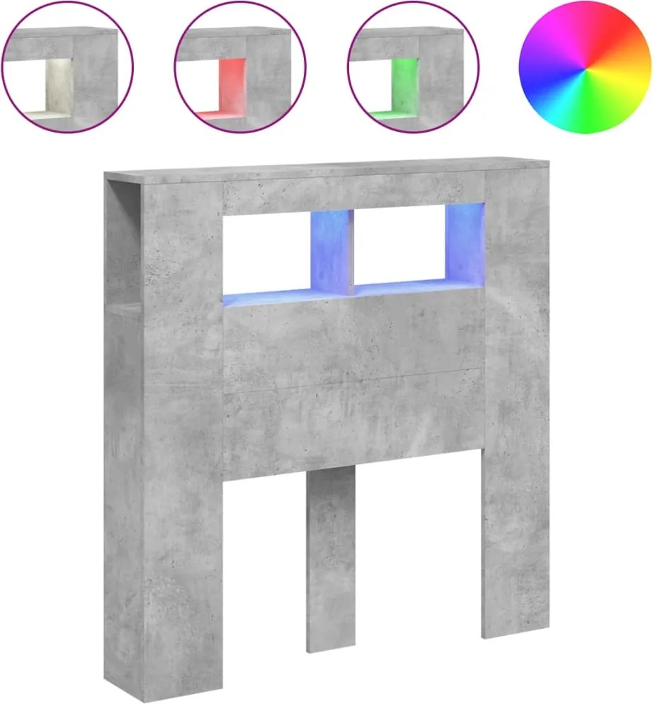 vidaXL Tăblie de pat cu LED, gri beton, 100x18,5x103,5 cm, lemn