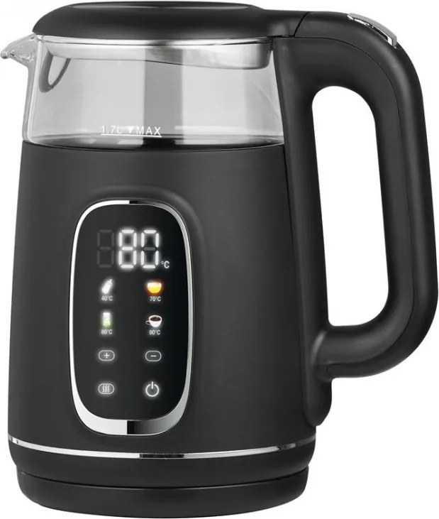 Fierbător electric Oliver Voltz OV51230AF, 2200 W, 1,7 l, 4 moduri, 13 setări de temperatură, afișaj LCD, comandă tactilă, negru/argintiu