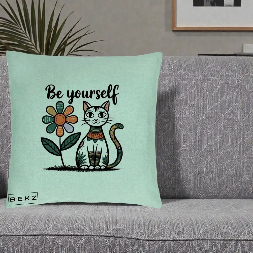 Perna Personalizata Be Yourself Pisica Folk, 40x40 cm, Verde Menta, Husa Detasabila, Perna Inclusa, BEKZ®