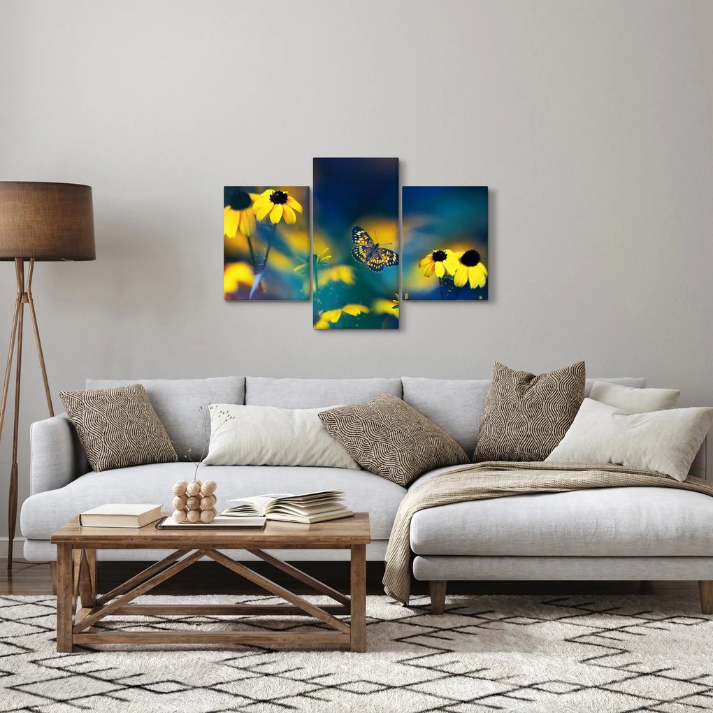 Tablou - Fluture galben și flori (90x60 cm)