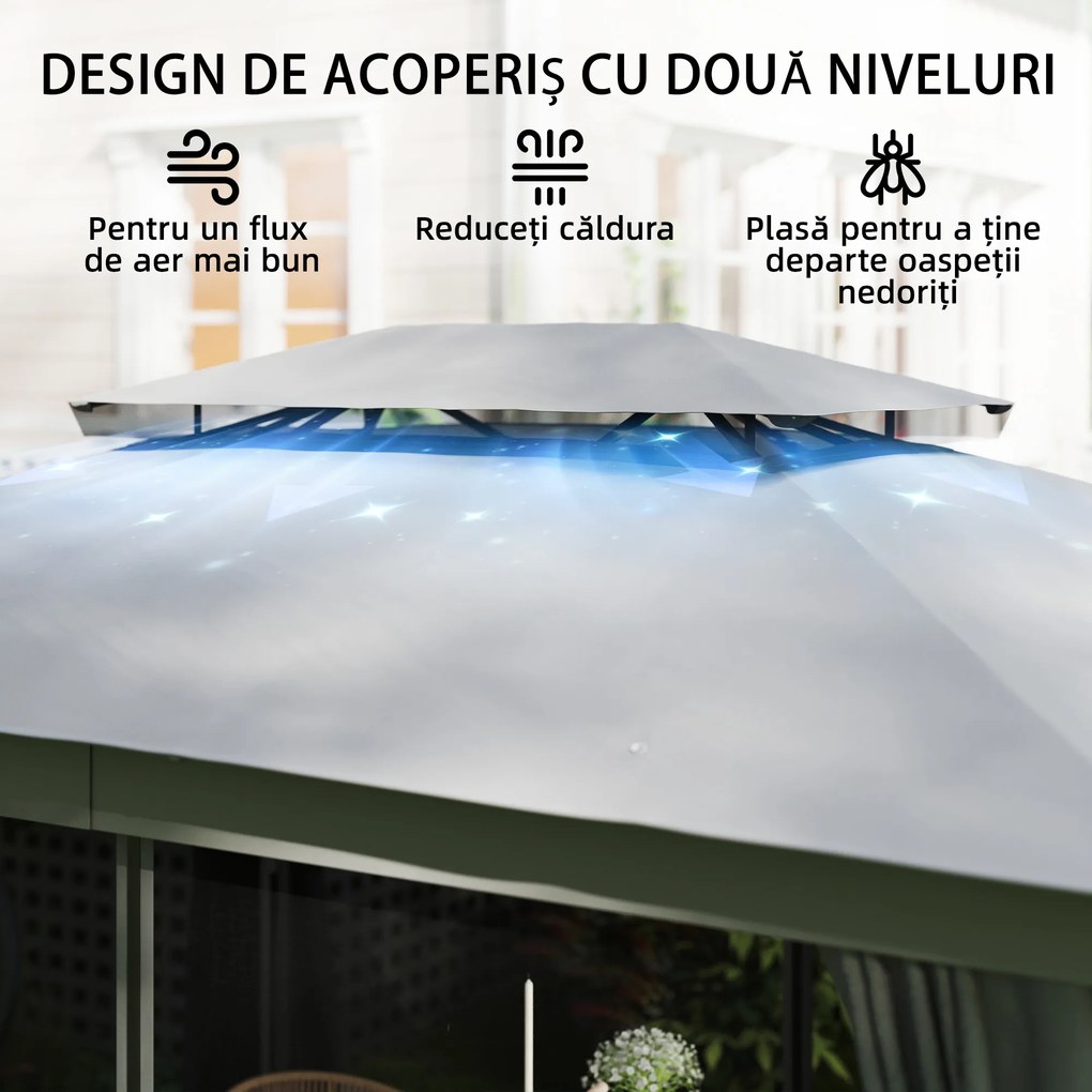 Outsunny Pavilion de Grădină 3,8x3 m cu Perdele, Plasă de Țânțari, Cârlige, Pavilion de Exterior cu Acoperiș Dublu, Orificii de Drenaj, Structură Metalică, pentru Grădină, Terasă, Petreceri, UV30+, Gri Închis | Aosom Romania