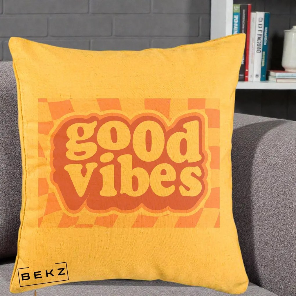 Perna Decorativa Good Vibes Retro Roz, 40x40 cm, Galben, Husa Detasabila, Perna Inclusa, BEKZ®