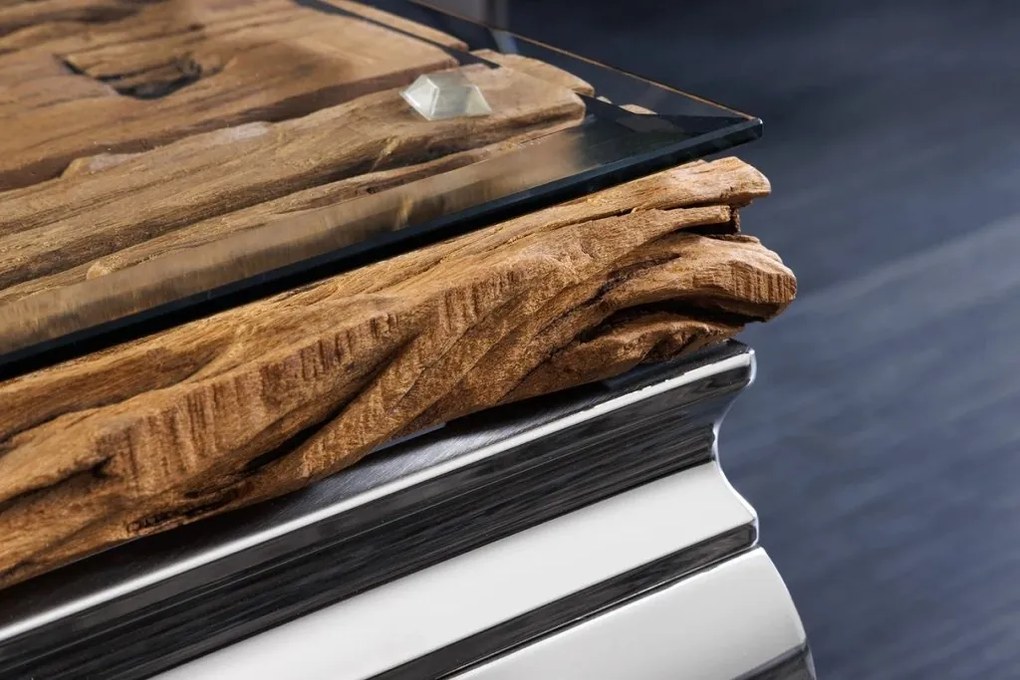 Masuta de cafea, Lemn de Tec, Sticla, Otel Crom, MODERN BAROCK BARRACUDA 100cm