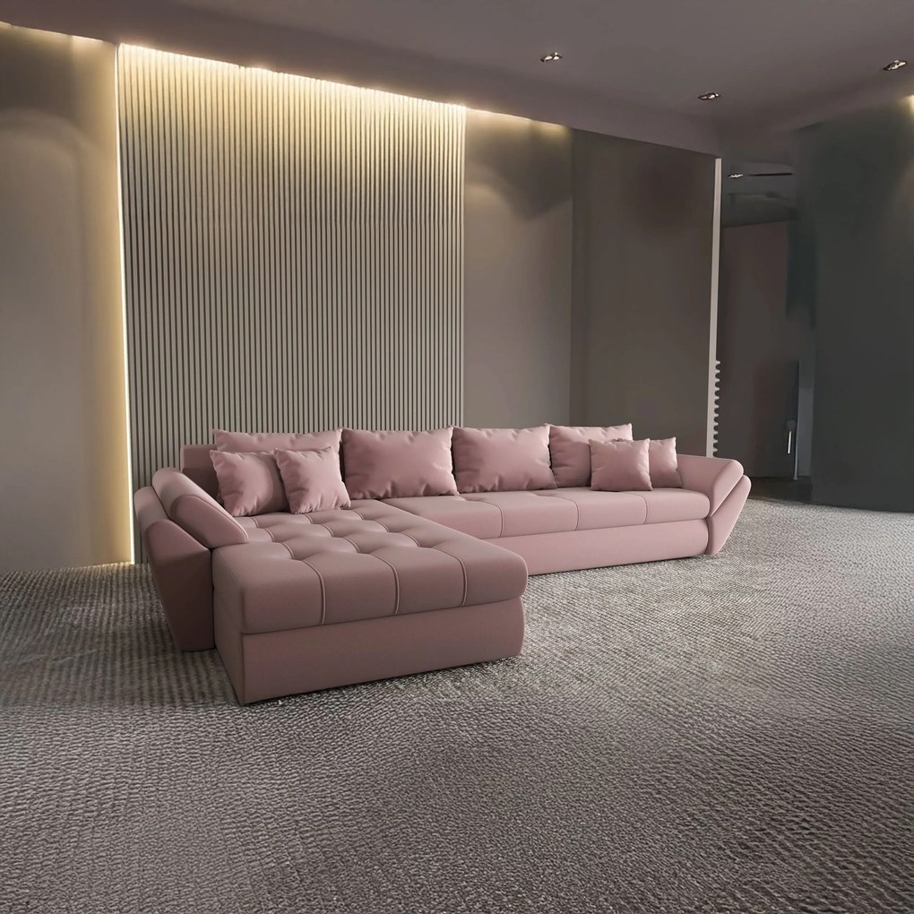 Colțar extensibil dumonde cu ladă de depozitare si sezut confortabil din spuma high-density, Loana XL Royal Roz 335x185 cm