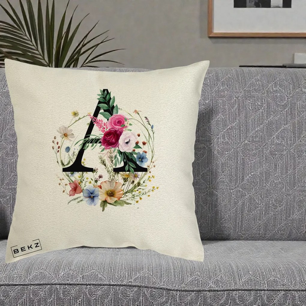 Cadou Personalizat - Perna Personalizata Monogram Litera A cu Flori Acuarela, 40x40 cm, Ecru, Husa Detasabila, Perna Inclusa, BEKZ®