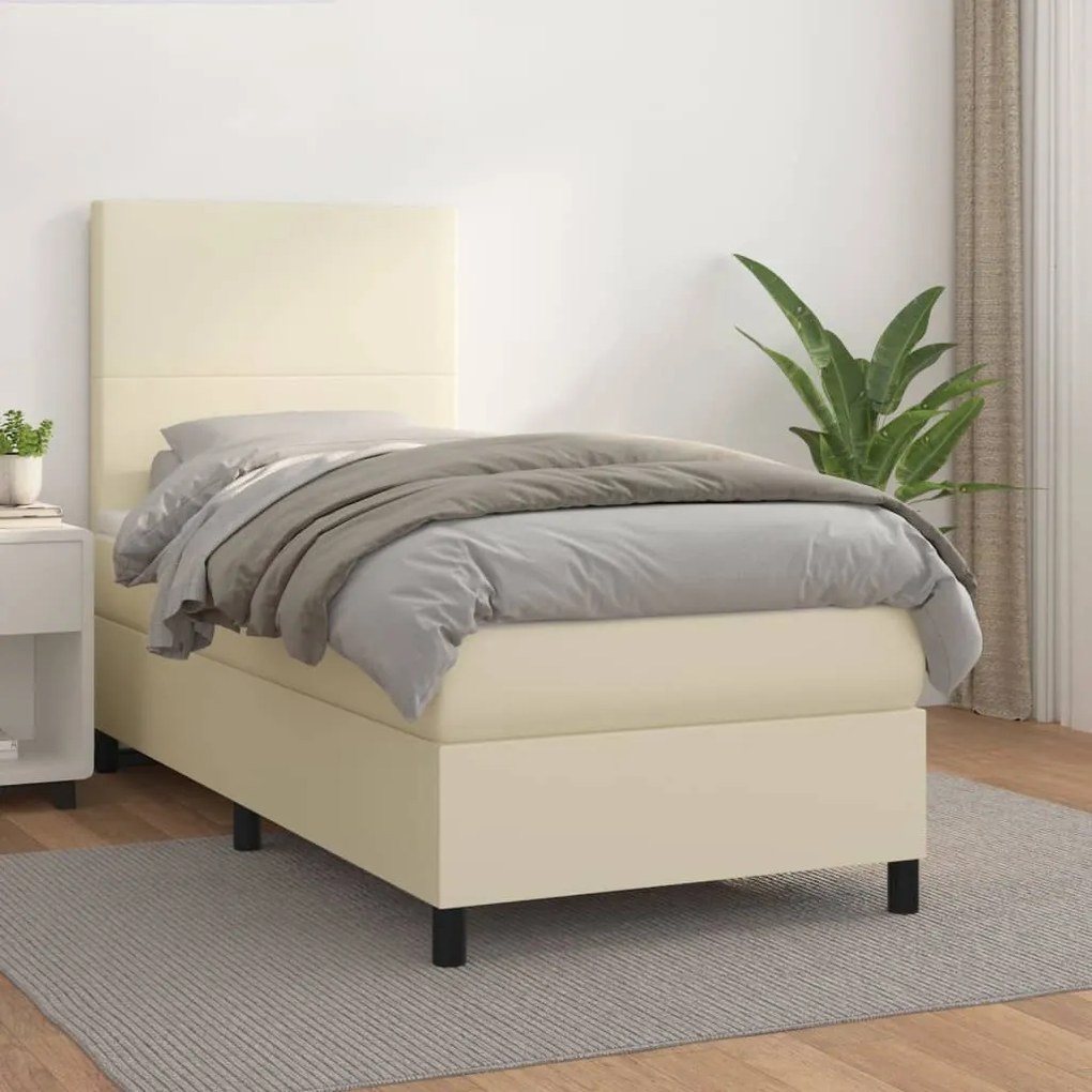 3142709 vidaXL Pat box spring cu saltea, crem, 100x200 cm, piele ecologică