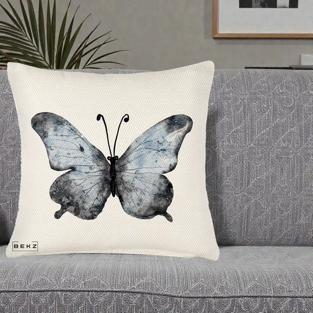 Perna Decorativa Fluture Acuarela Albastru-Gri, 40x40 cm, Crem Reliefat, Husa Detasabila, Perna Inclusa, BEKZ®