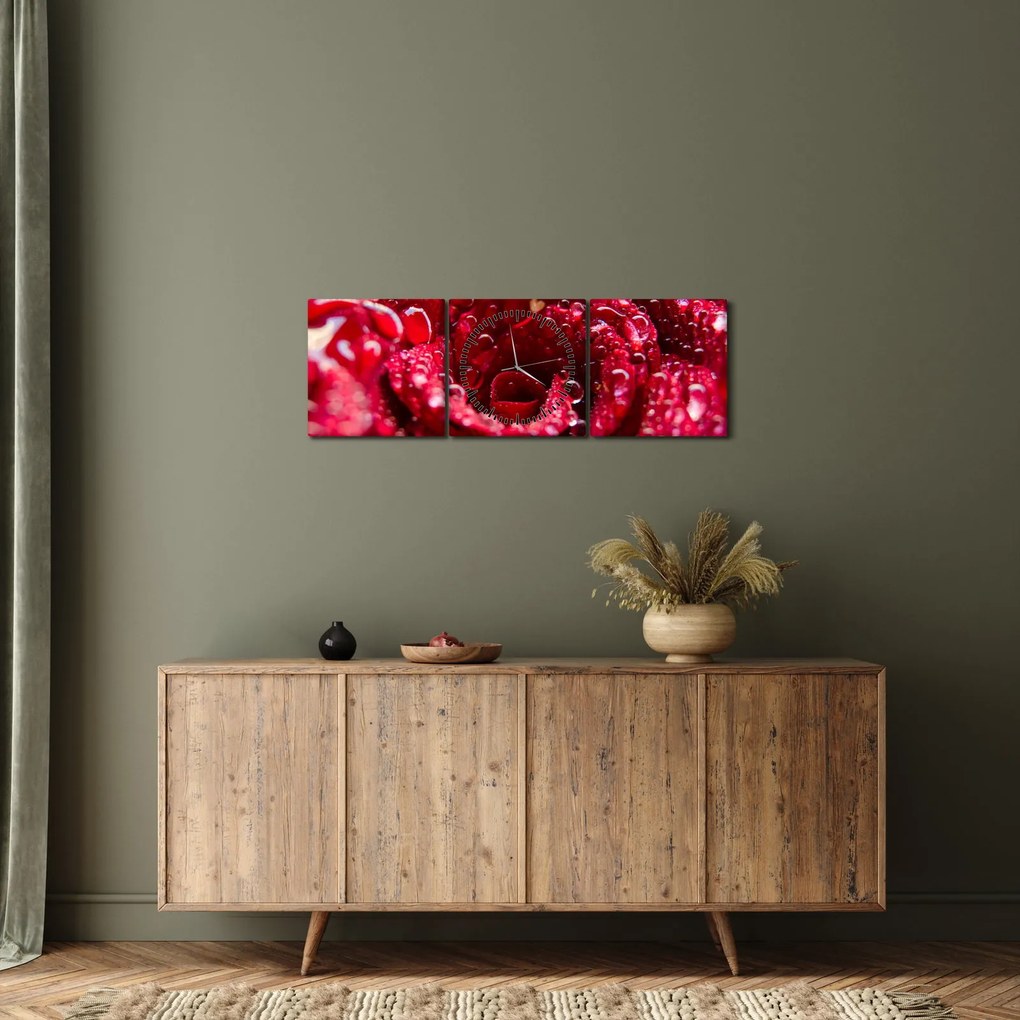 Tablou cu floarea trandafirului roșu (cu ceas) (90x30 cm)