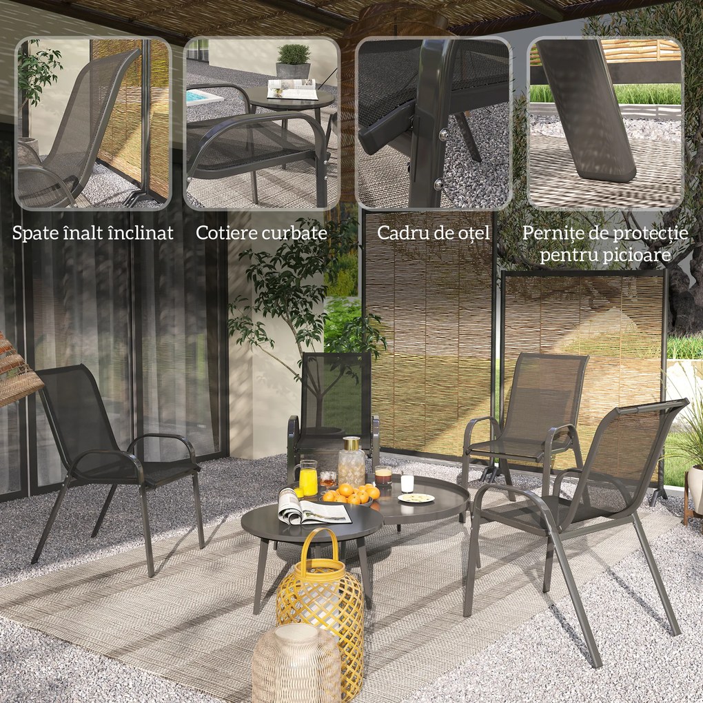 Outsunny Set de 4 Scaune Suprapozabile cu Spătar Înalt și șezut din Plasă, 54x71x93 cm, Negru | Aosom Romania