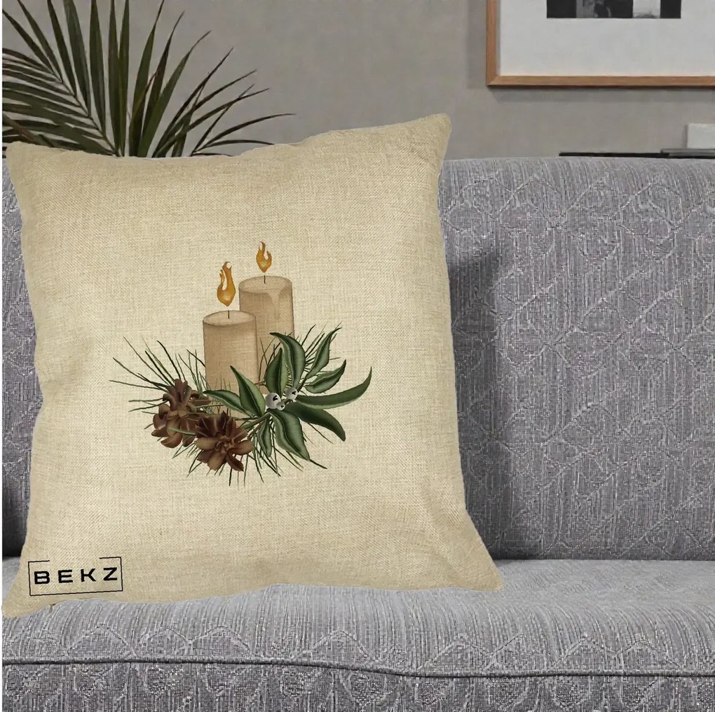 Perna Decorativa Lumanari cu Ilex si Conuri Ilustratie, 40x40 cm, Crem, Husa Detasabila, Perna Inclusa, BEKZ®