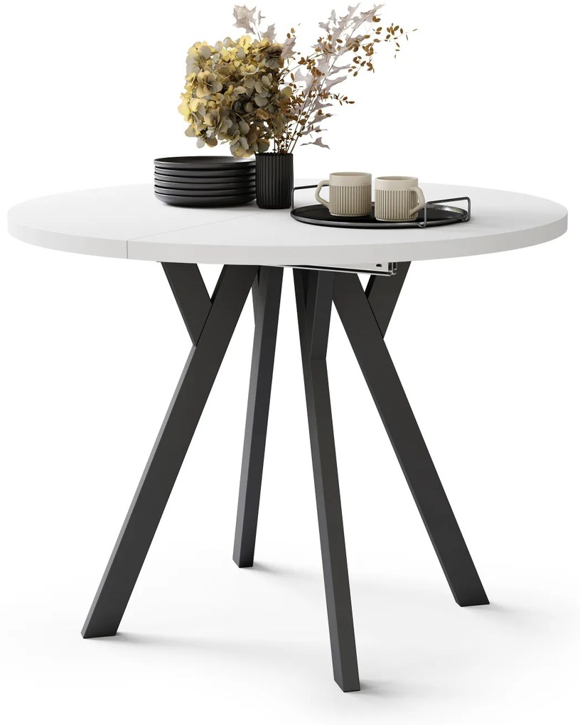 Mazzoni ALMO Alb Mat/picioare negre - MASĂ ROTUNDĂ EXTENSIBILĂ CU PICIOARE ÎN FORMĂ DE Y STIL LOFT PENTRU SALON/SUFRAGERIE