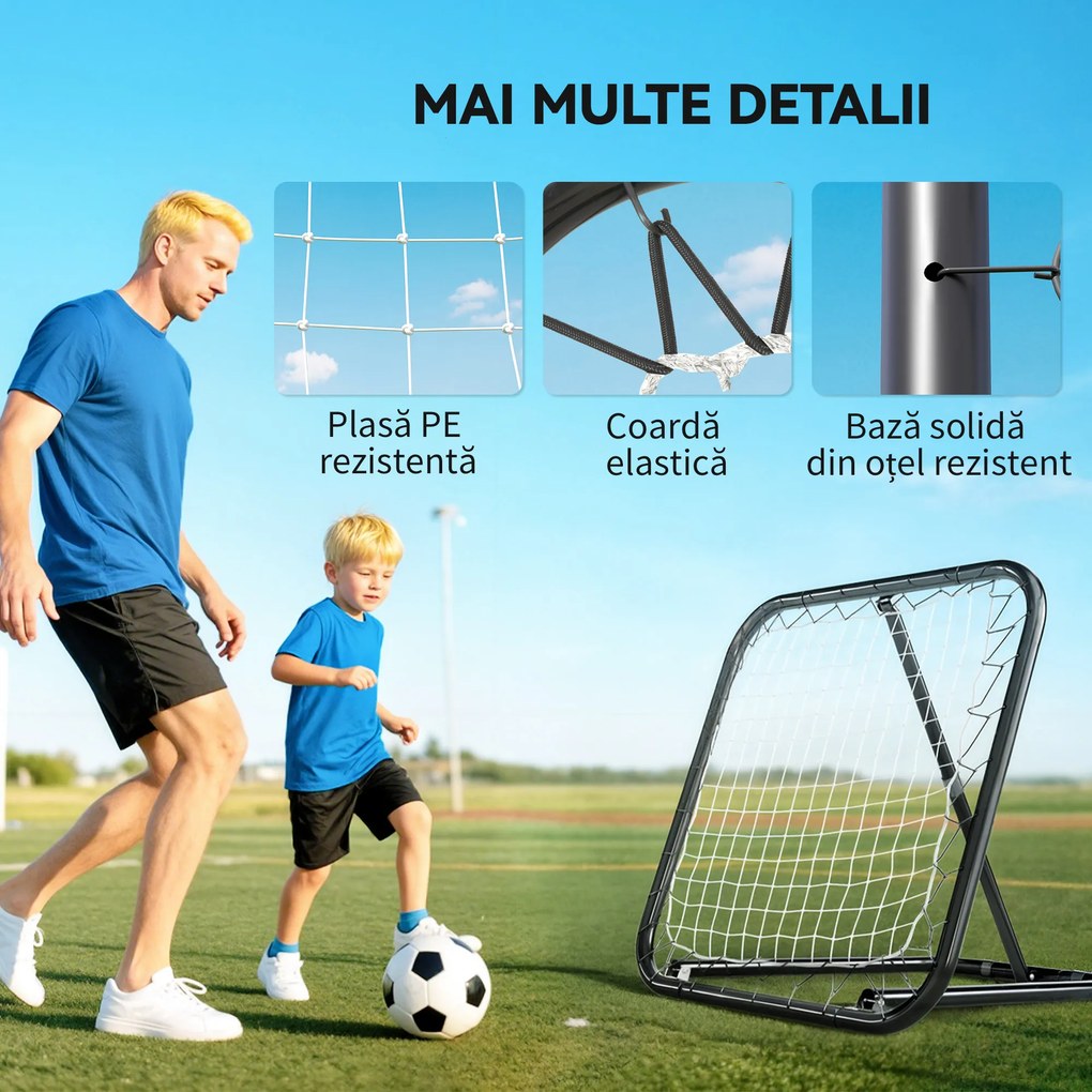 HOMCOM Rețea de Ricoșeu pentru Fotbal, Rețea de Fotbal Ricoșeu și Pliabilă cu Unghi Reglabil în Metal, pentru Antrenament Baseball și Volei, 78x84x65-78 cm, Negru | Aosom Romania