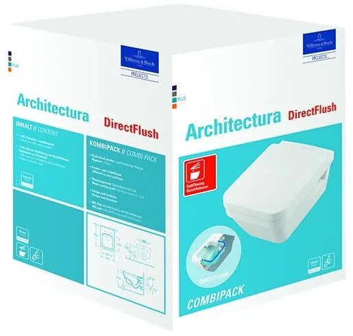 Set vas WC rimless suspendat, Villeroy&amp;Boch Architectura, cu capac inchidere lenta, rezervor si clapeta Viega Prevista