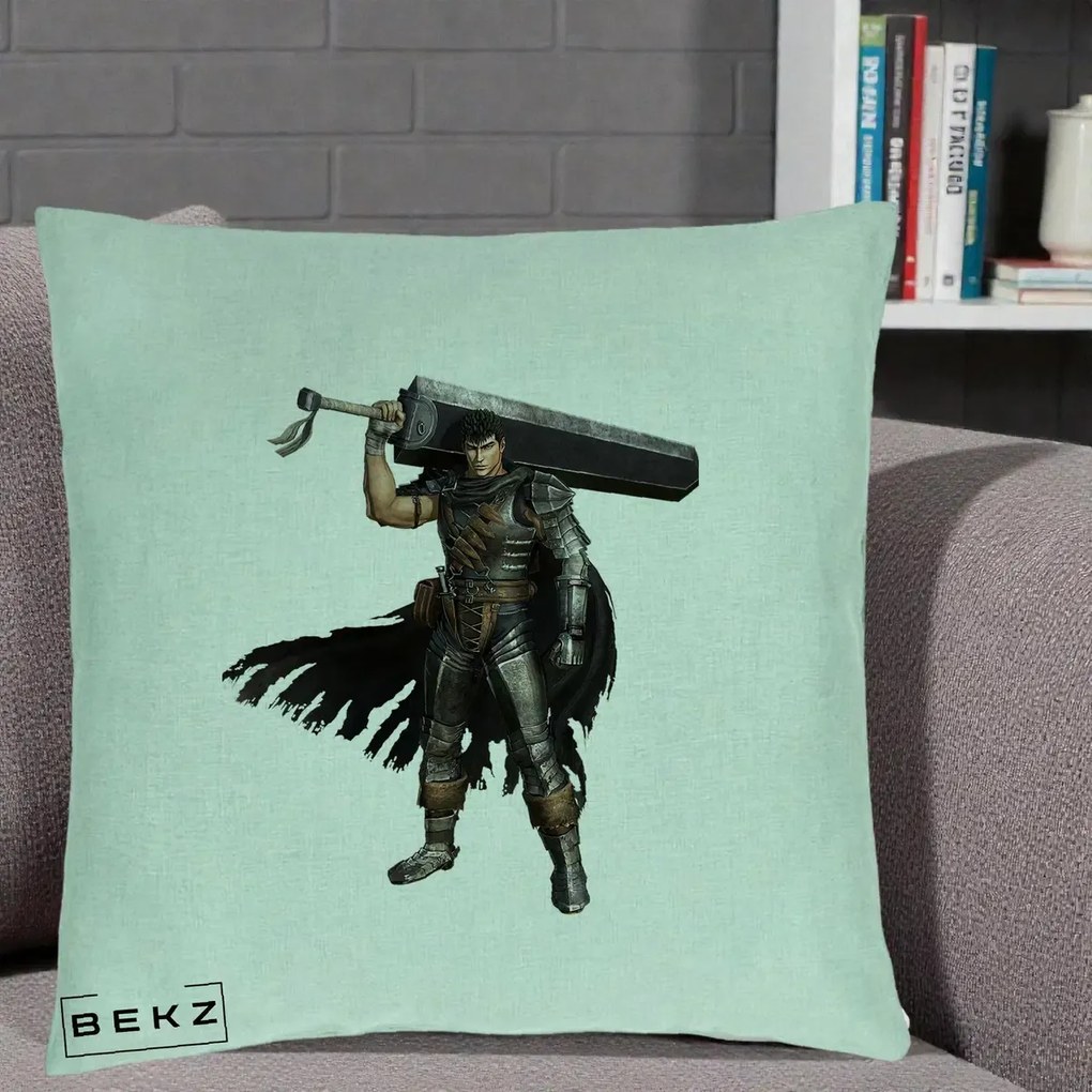 Perna Personalizata Berserk Guts Luptatorul Negru, 40x40 cm, Verde Menta, Husa Detasabila, Perna Inclusa, BEKZ®