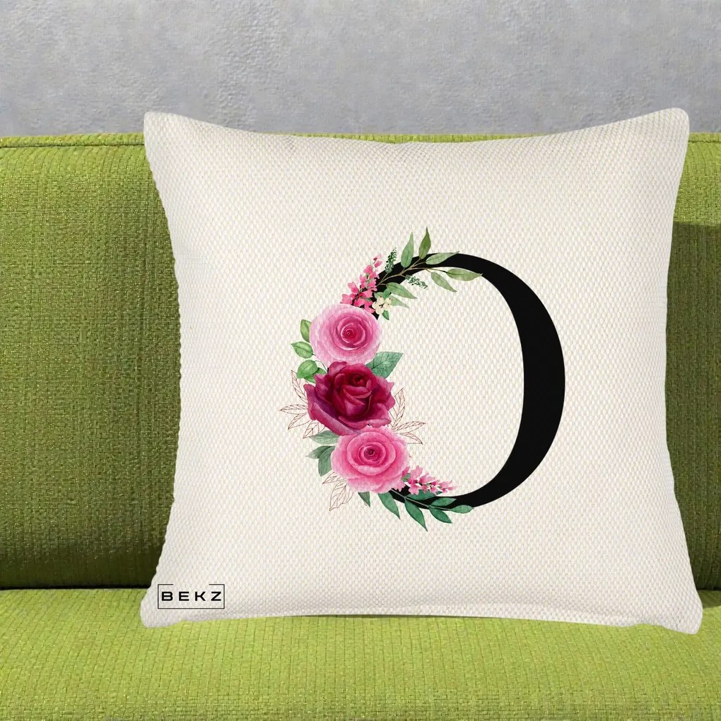Cadou Personalizat - Perna Personalizata Monograma Florala Litera O, 40x40 cm, Crem Reliefat, Husa Detasabila, Perna Inclusa, BEKZ®