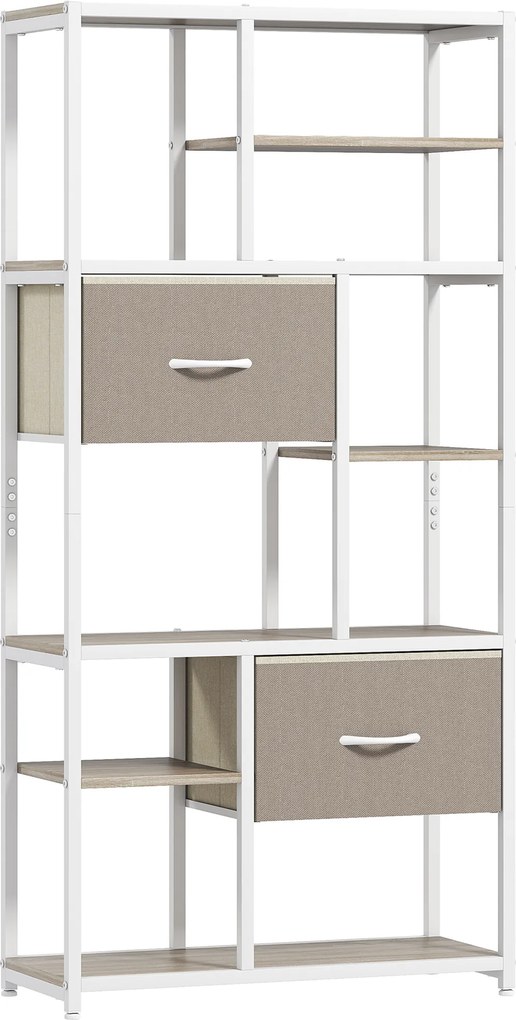 HOMCOM Etajeră de depozitare 6 niveluri, bibliotecă cu 2 sertare din țesătură, 9 rafturi deschise, 72,5 x 30 x 150 cm, alb | Aosom Romania