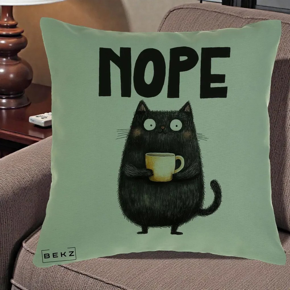 Perna Decorativa NOPE Pisica Neagra Cafea, 40x40 cm, Verde, Husa Detasabila, Perna Inclusa, BEKZ®