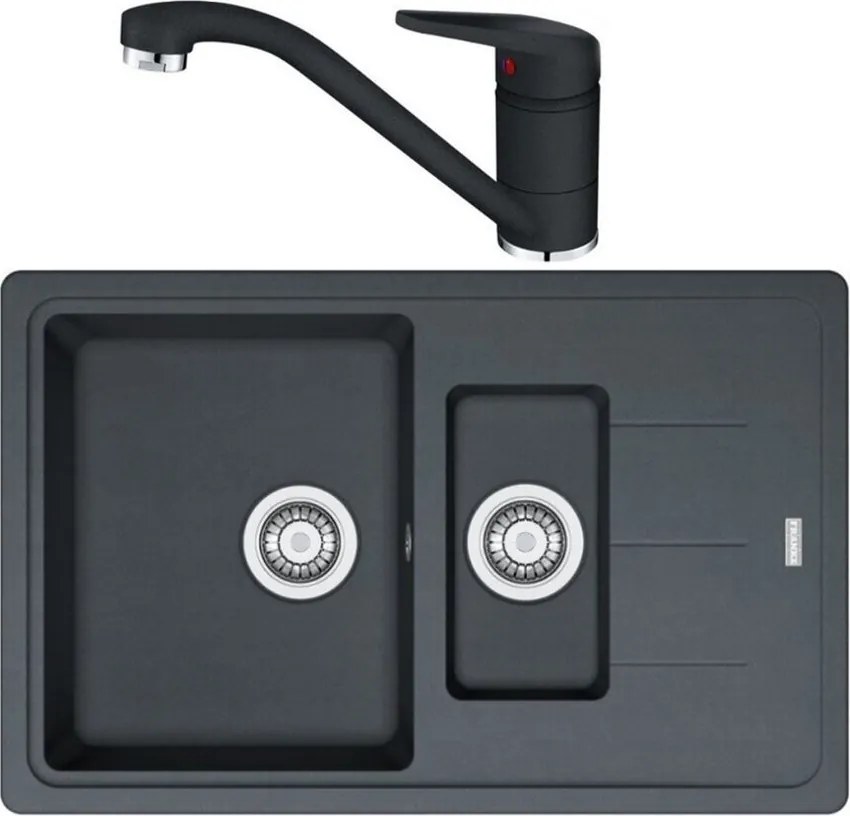 Set chiuveta bucatarie compozit Franke Basis 1 cuva 1/2 cu picurator 78x50 cm negru mat cu baterie Novara Plus
