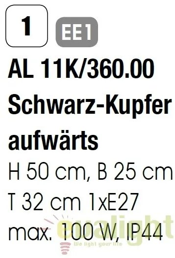 Aplica de perete exterior stil clasic IP44 Kenzo AL 11K/360.00 schw.-kupfer/aufw OR