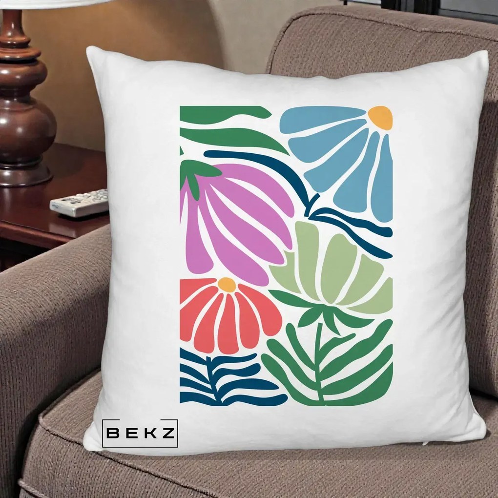 Perna Decorativa Flori Grafice Multicolore Modern, 40x40 cm, Alb Pufos, Husa Detasabila, Perna Inclusa, BEKZ®