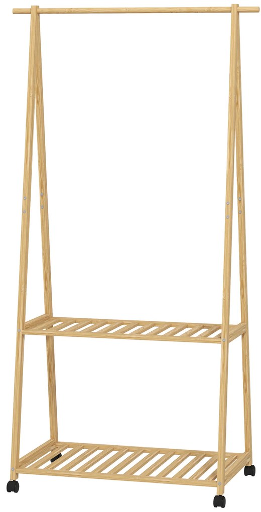 HOMCOM Suport pentru Haine din Bambus cu Roți 2 Rafturi Deschise și 2 Găuri 84,5x43,5x158 cm Natural | Aosom Romania
