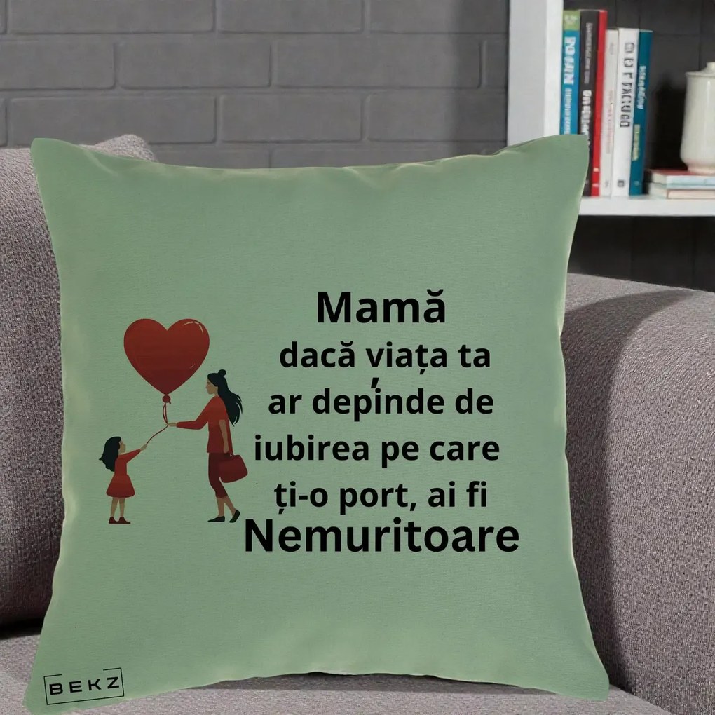 Cadou pentru Mama - Perna Personalizata Mama Nemuritoare cu Bebelus Kawaii, 40x40 cm, Verde, Husa Detasabila, Perna Inclusa, BEKZ®