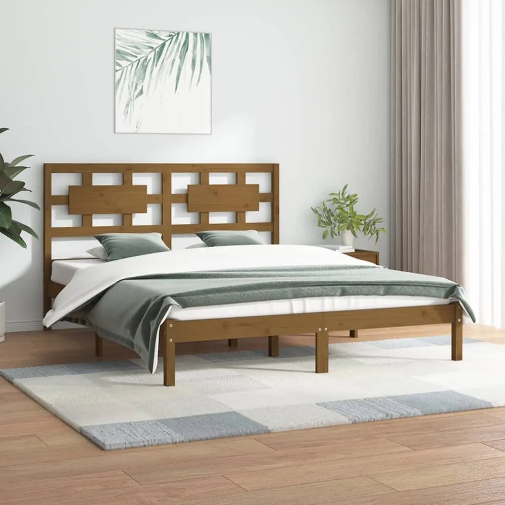 Cadru pat 5FT King Size, maro miere, 150x200 cm, lemn masiv pin maro miere, 150 x 200 cm