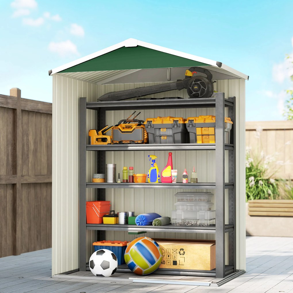 Outsunny Căsuță de Grădină 1.1m² din Oțel Galvanizat, Căsuță de Depozitare cu Ușă Glisantă Blocabilă, Acoperiș Înclinat, Mănuși, Căsuță de Unelte, 136x87x179 cm, Verde | Aosom Romania