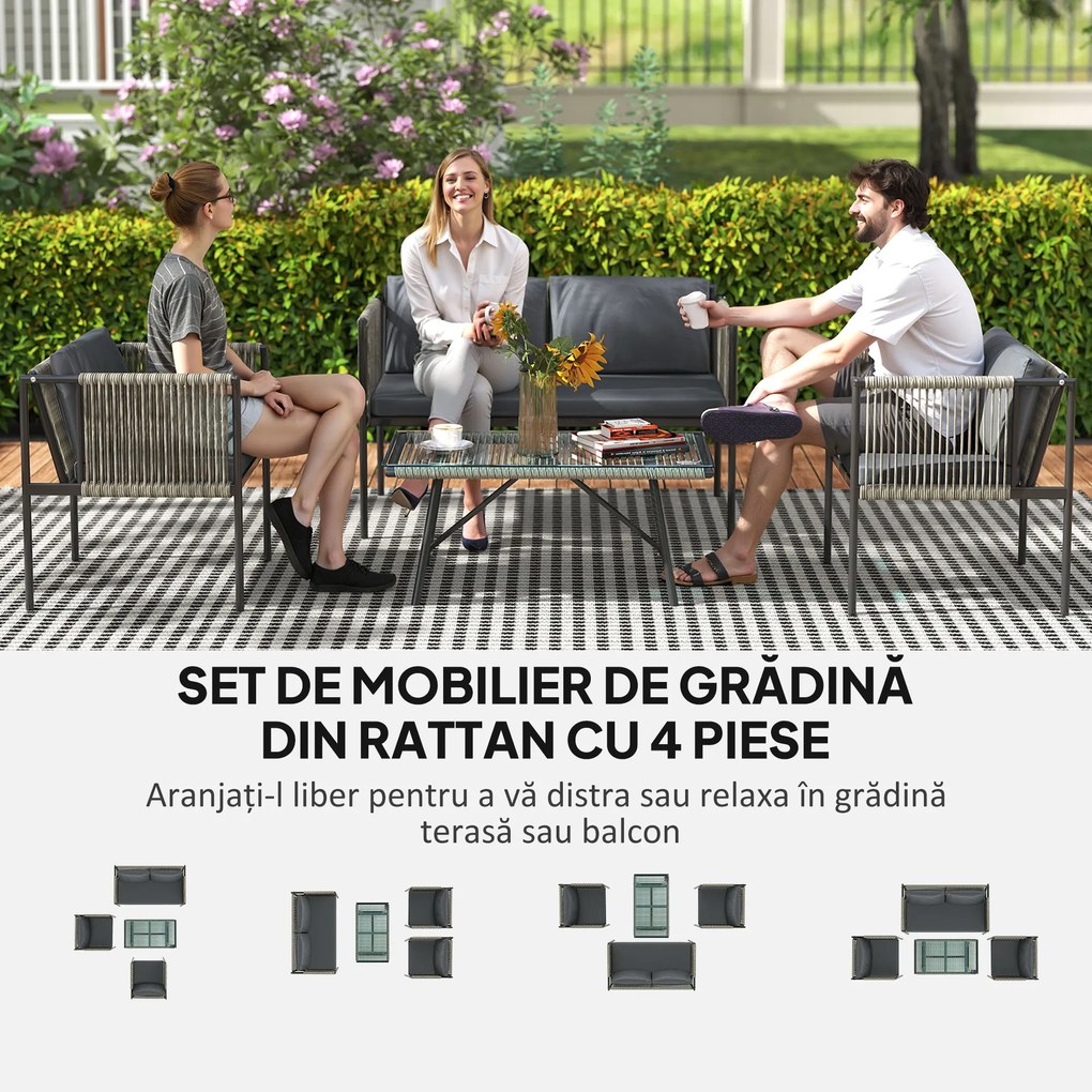 Outsunny Set de Exterior din Rattan 2 Fotolii, Canapea și Măsuță Gri | Aosom Romania